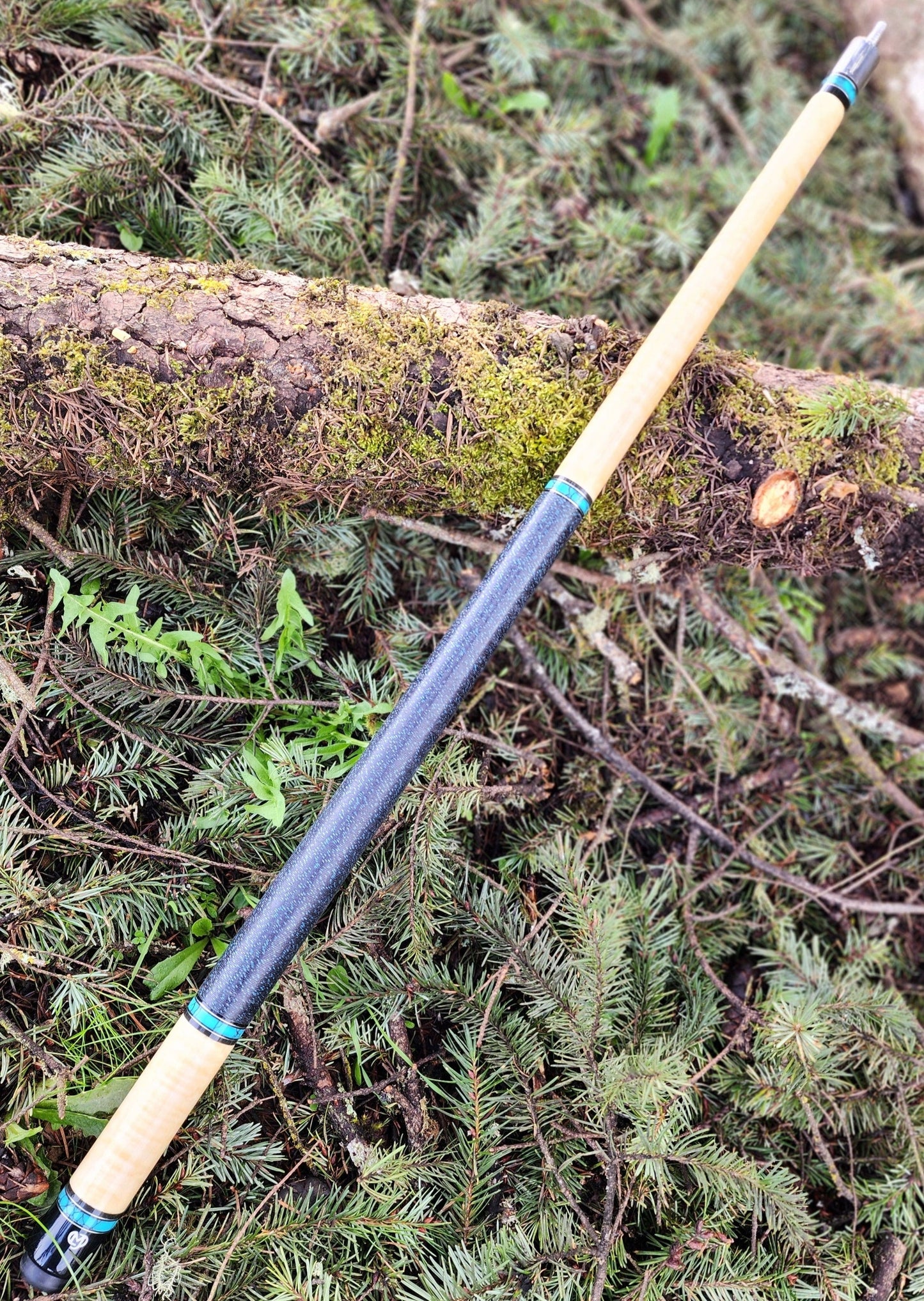 Cue #24-02: Curly Maple-Turquoise w/ Blk/Blue Linen Wrap - SOLD