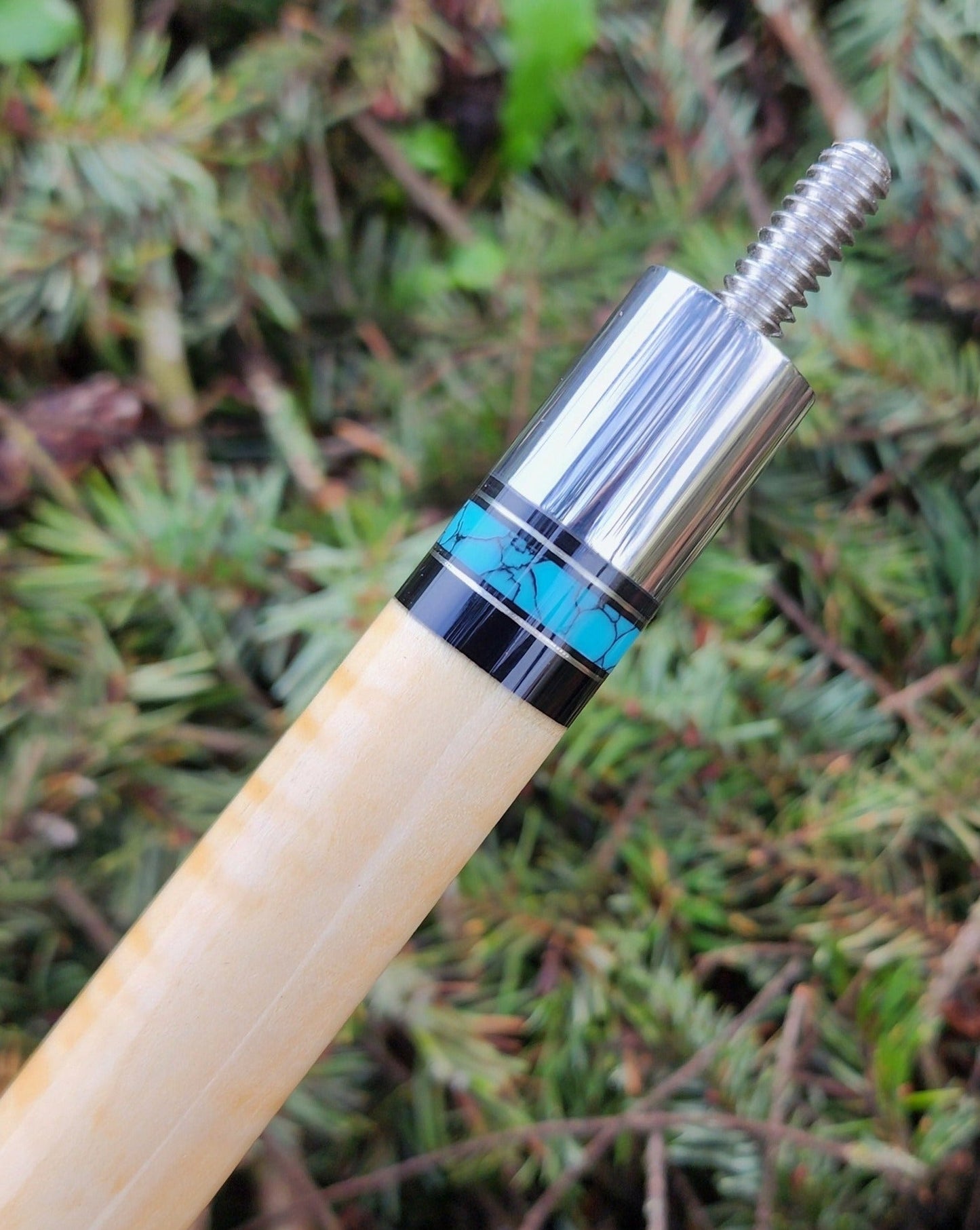 Cue #24-02: Curly Maple-Turquoise w/ Blk/Blue Linen Wrap - SOLD